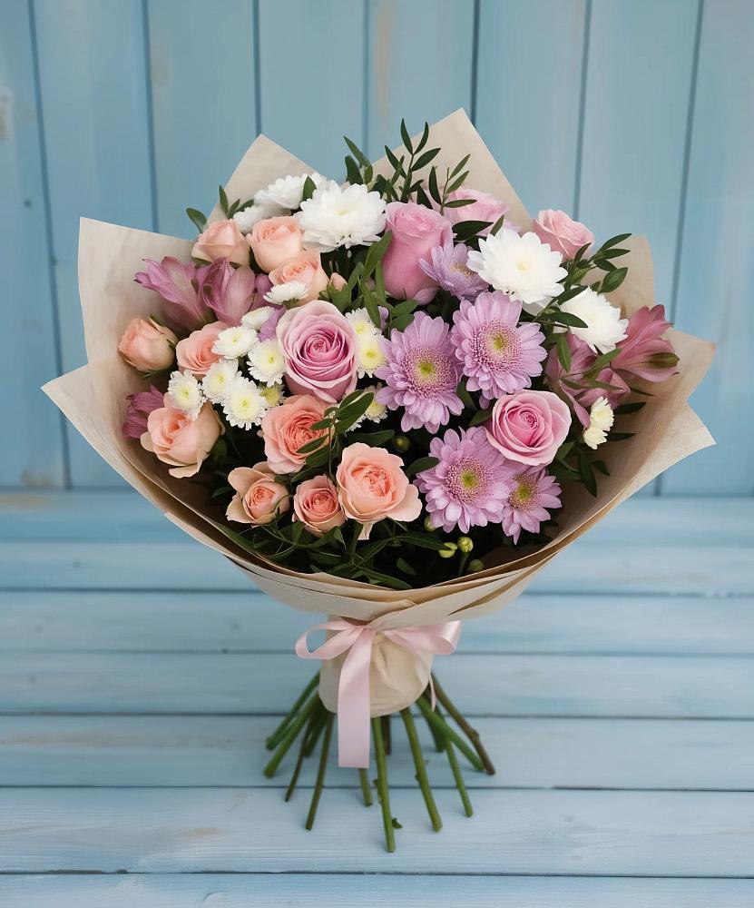 Букет цветов из: Хризантемы, Розы и Альстромерии в Курманаевка
