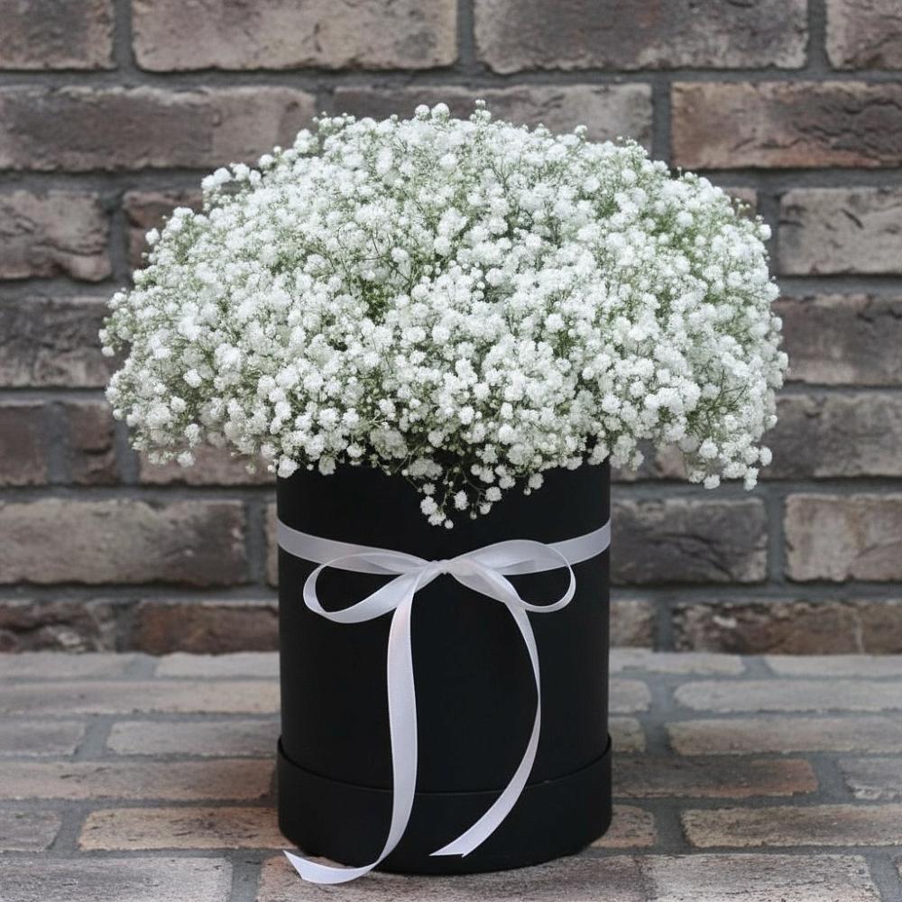 Цветочная композиция из Гипсофила в шляпной коробке в Курманаевка