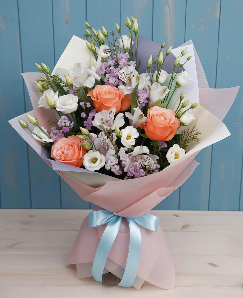 Букет цветов из: Лизиантусы, Розы, Альстромерии и Гипсофила в Курманаевка