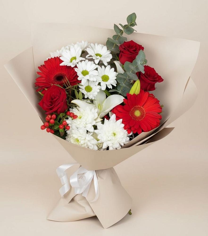 Букет цветов из: Розы, Хризантемы, Герберы и Лилии в Курманаевка