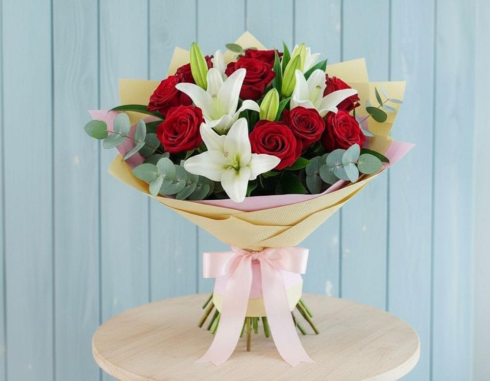 Букет цветов из: Лилии и Розы в Курманаевка