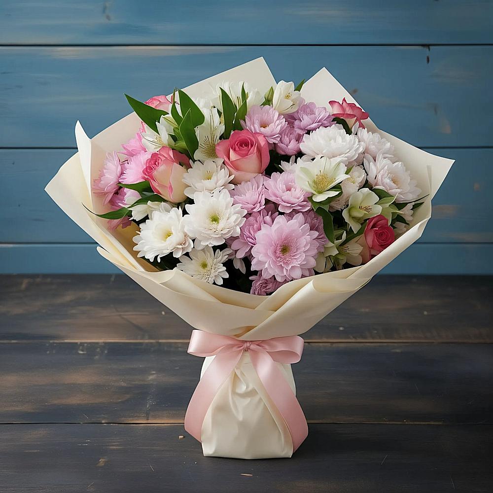 Букет цветов из: Хризантемы, Альстромерии и Розы в Курманаевка